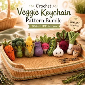May include: A collection of ten small crocheted vegetable keychains featuring a carrot, broccoli, corn, eggplant, radish, pea pod, garlic, beet, leek, and mushroom, all with embroidered faces, displayed in a rectangular woven tray.
