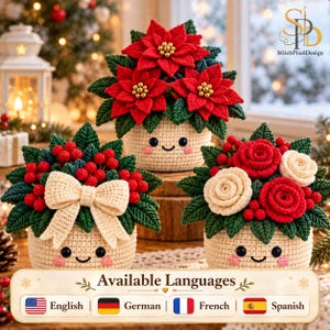 May include: Three crocheted potted plants with smiling faces. The top plant features red poinsettias with gold centers. The bottom left plant has red berries and a cream-colored bow. The bottom right plant displays red and cream roses with berries.