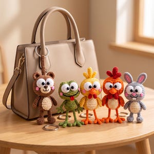 Puede incluir: Un bolso beige con cinco llaveros de animales tejidos a ganchillo. Los llaveros incluyen un oso marrón, una rana verde con lengua roja, un pollito amarillo, un gallo naranja y un conejo gris, todos con ojos blancos de gran tamaño.