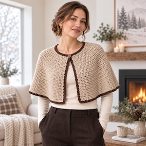 Può includere: Una mantellina all'uncinetto color beige con un bordo marrone scuro lungo i profili e una chiusura con un singolo bottone in legno sullo scollo. Il capo presenta un motivo a maglia testurizzato e un colletto rotondo per un look a strati.