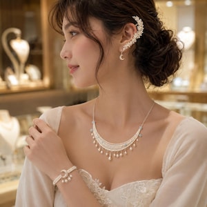 Puede incluir: Un conjunto de joyería en tono plateado que incluye un collar en forma de media luna con perlas blancas colgantes y estrellas, una pulsera de media luna a juego con perlas y un pendiente tipo ear cuff floral con cristales transparentes.