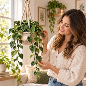 Pode incluir: Uma planta suspensa de crochê com um vaso de fio cor de creme e várias vinhas pendentes com folhas verdes texturizadas em forma de coração. A planta é suspensa por um cordão de crochê correspondente preso a um anel de madeira circular.