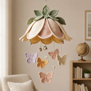 May include: A hanging mobile featuring a large, crocheted flower in shades of cream, pale pink, and yellow with sage green leaves at the top. Suspended from the flower are several crocheted butterflies in lavender, yellow, peach, and cream.