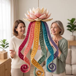 May include: A hanging crochet decoration featuring a multi-layered lotus flower top in cream and soft pink, with long, spiraling ribbons in shades of magenta, coral, yellow, sage green, teal, and purple, all crafted with intricate openwork patterns.