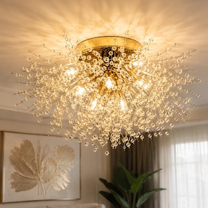 Handmade Luxury Crystal Chandelier, Designer Gold Ceiling Light, Modern Flush Mount Fixture, Statement Home Lighting