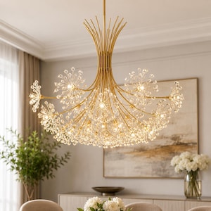 Handmade Dandelion Crystal Chandelier, Gold or Black Modern Dining Room Light, 19-Light Statement Ceiling Fixture, Luxury Floral Pendant