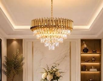 Handmade Modern Crystal Chandelier, Gold Tiered Ceiling Light, Luxury Art Deco Pendant for Dining Room, Entryway and Living Room