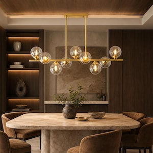 Handmade Gold Linear Chandelier, 9 Clear Glass Globe Pendant Light for Dining Table, Kitchen Island and Contemporary Interiors