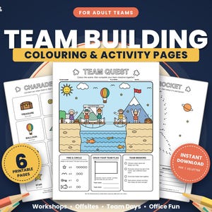 Puede incluir: Un conjunto de seis páginas imprimibles de colorear y actividades de team building para equipos adultos. La página central presenta una ilustración de Team Quest con un sol, globo aerostático, montaña y personajes en un puente sobre agua.