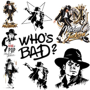 Może przedstawiać: Kolekcja grafik Michaela Jacksona z tekstem WHO'S BAD?, MOONWALK, THE KING OF POP oraz Michael Jackson. Obrazy zawierają ilustracje artysty w kapeluszu typu fedora, garniturze i białej rękawiczce w różnych pozach tanecznych.