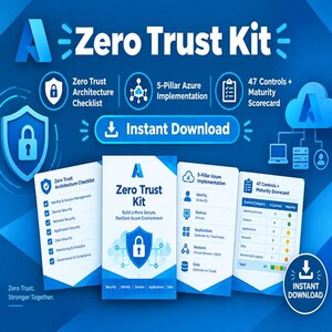 Könnte beinhalten: Ein digitales Zero Trust Kit Dokumentenset in Blau und Weiß. Die Grafiken umfassen eine Zero Trust Architektur Checkliste, einen 5-Säulen Azure Implementierungsleitfaden sowie eine 47 Kontrollen und Reifegrad-Scorecard mit einem Sofort-Download-Button.