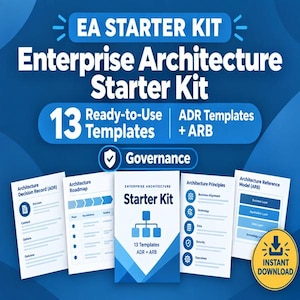 May include: A digital product display for an EA Starter Kit featuring the text Enterprise Architecture Starter Kit, 13 Ready-to-Use Templates, ADR Templates + ARB, and Governance. Includes five document previews and a yellow Instant Download badge.