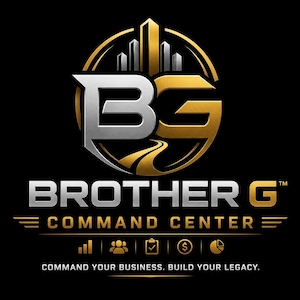 May include: A logo featuring the letters BG in silver and gold, set within a circular frame with a building silhouette and a road. Below, the text reads BROTHER G COMMAND CENTER, followed by five icons and the slogan COMMAND YOUR BUSINESS. BUILD YOUR LEGACY.