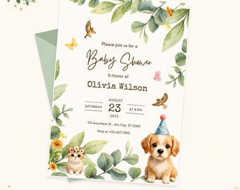 Invitación para baby shower con temática de cachorros y gatitos, invitación con diseño de animales domésticos en acuarela, plantilla editable de Canva, descarga digital imprimible con motivos botánicos y verdes.