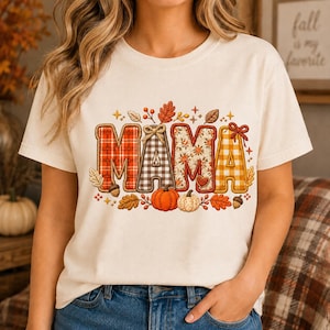 Embroidered Mama Png, Fall Mama Sublimation Design, Faux Embroidery Patchwork Letters, Autumn Pumpkin Mom Shirt, Cozy Plaid Mama DTF Digital