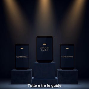 Puede incluir: Tres tabletas oscuras expuestas sobre pedestales bajo focos. La tableta central dice CHATGPT FACILE, la izquierda GEMINI FACILE y la derecha COPILOT FACILE. El texto superior dice KAERION STUDIO, y el inferior, Tutte e tre le guide in un unico pacchetto 300 prompt pronti + Metodo Kaerion.