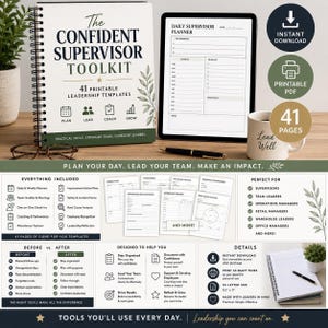 Puede incluir: Un libro de espiral titulado The Confident Supervisor Toolkit con 41 plantillas de liderazgo imprimibles, una tableta que muestra un planificador diario, un bolígrafo negro y una taza blanca con el texto Lead Well sobre una superficie de madera.