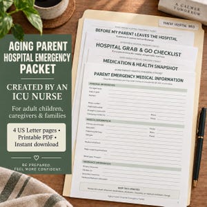 May include: An aging parent hospital emergency packet in a manila folder, featuring printed forms titled Parent Emergency Medical Information, Medication & Health Snapshot, Hospital Grab & Go Checklist, and Before My Parent Leaves The Hospital.