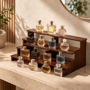 Multi Tier Wooden Display Shelf, Perfume & Cologne Organizer, Cosmetic Display, Vanity Counter Storage