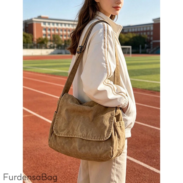 Khaki Washed Canvas Messenger Bag with Adjustable Strap and Large Flap