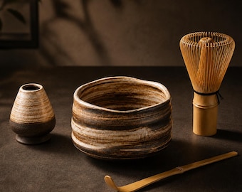 Handgemaakte keramische matcha-kommenset, Japanse theeceremonie-garde, traditionele chawan-kom