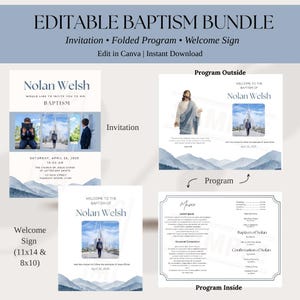Può includere: Un set battesimo modificabile che include invito, programma pieghevole e cartello di benvenuto. I design presentano grafiche di montagne blu, foto di un bambino e testo per Nolan Welsh. Il cartello indica le dimensioni 11x14 e 8x10.