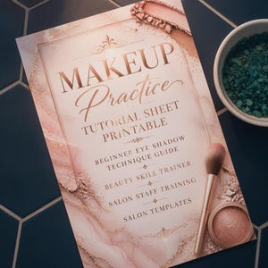 May include: A rectangular makeup practice tutorial sheet printable with a rose gold marble background. The text reads: MAKEUP Practice TUTORIAL SHEET PRINTABLE, BEGINNER EYE SHADOW TECHNIQUE GUIDE, BEAUTY SKILL TRAINER, SALON STAFF TRAINING, SALON TEMPLATES.