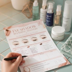 Beginner makeup artist training sheet showing contouring and shading techniques on practice face templates