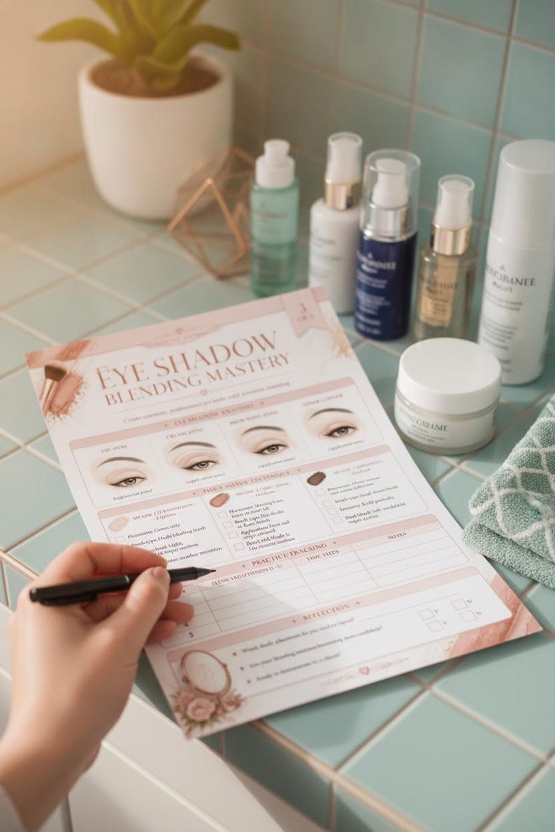 Beginner makeup artist training sheet showing contouring and shading techniques on practice face templates