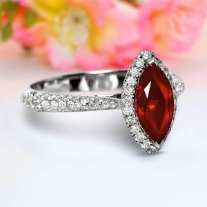 Red Marquise Ring Halo Engagement Ring Ruby Style Cocktail Ring Pave Band Art Deco Ring Vintage Style Ring Statement Ring Luxury Jewelry