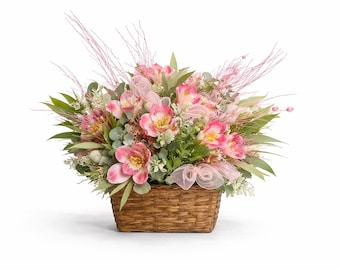 Mother’s Day Floral Arrangement, Pink Lily Centerpiece, Elegant Spring Table Decor, Gift for Mom, Handmade Silk Flower Basket, Romantic Home