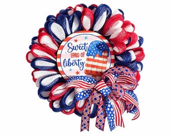Patriottische gaaskrans, 4 juli deurhanger, rood wit blauwe krans, zomer voordeurdecor, Americana krans, decor Independence Day.