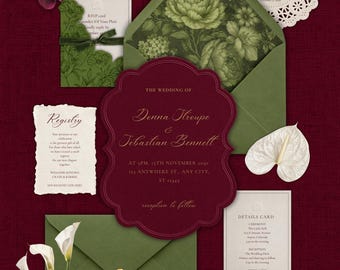 May include: A wedding invitation suite featuring a scalloped burgundy card with gold text, green envelopes with floral liners, a registry card, a details card, a welcome card with a lace border, two gold rings, and white calla lily flowers.