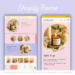 Puede incluir: Una visualización digital de un tema de sitio web Shopify para una marca de velas llamada Wick & Willow. El diseño presenta una paleta de colores rosa suave y crema, imágenes circulares de velas encendidas y secciones de texto descriptivo.