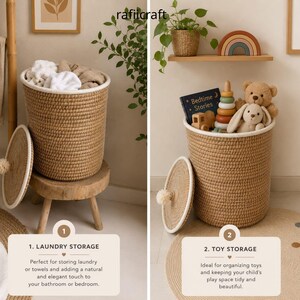 May include: A cylindrical woven storage basket made of tan rope with a white trim and a matching lid. The basket is shown in two settings: holding white and beige linens on a wooden stool, and filled with children's toys including a teddy bear.