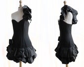 Vintage 80 39 s Bustier dress,one shoulder, fabric flowers, ottoman, small