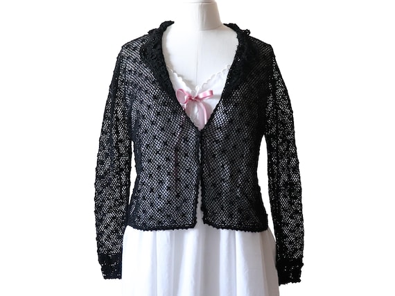 Vintage hand-crocheted cotton cardigan, black, long sleeves