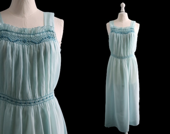 Vintage lingerie Long pastel blue dress with smock