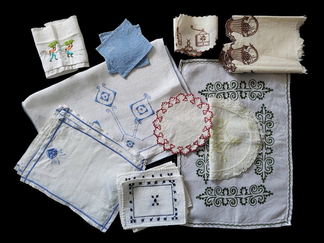 Lot of Old Embroidered Linen Etsy