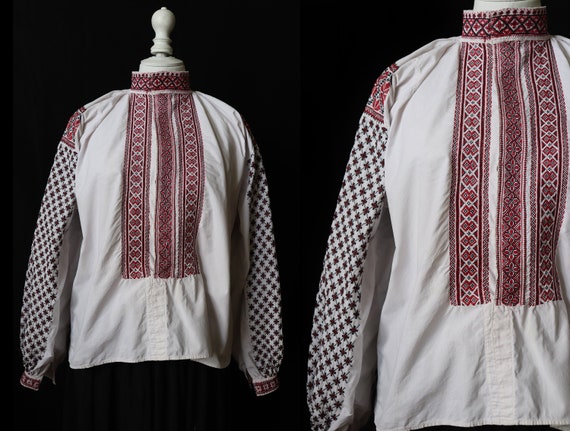Old hand-embroidered Romanian blouse, long sleeve… - image 3