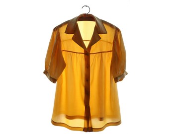 Vintage Silk blouse, short balloon sleeves, yellow color