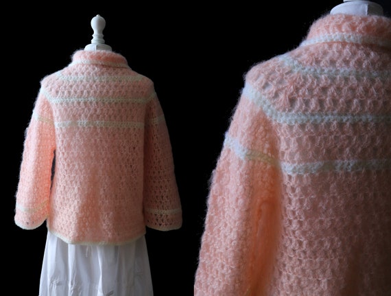 Vintage 1960 Handmade crochet pink wool cardigan,… - image 5