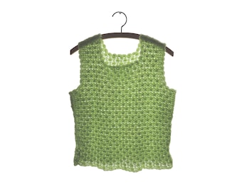 Vintage 1960/70 Débardeur vert clair en laine mélangée, crocheté main