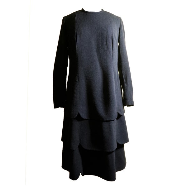 Vintage 1930/40 Petite robe noire manches longues, crêpe de laine