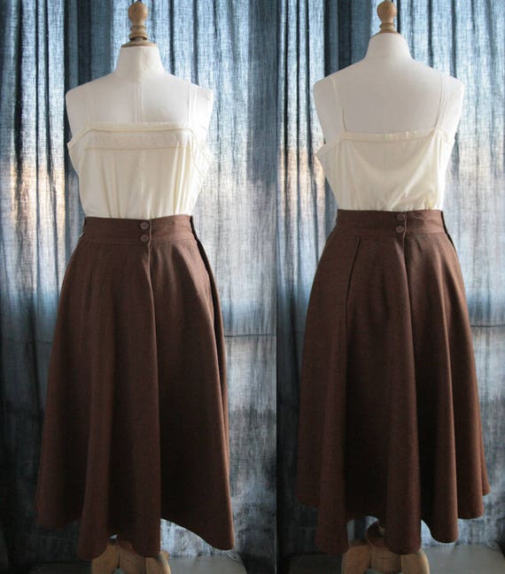 Vintage long brown wool skirt flared shape Etsy
