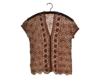 Old hand crocheted cotton cardigan, ecru color Irish crochet
