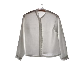 Old white brushed cotton piqué shirt, long sleeves, hand embroidered.