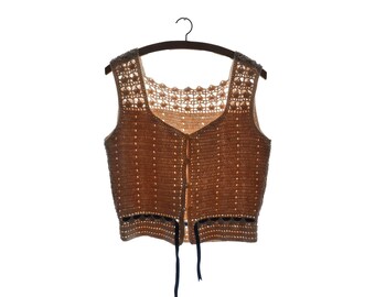 1970 Vintage Ecru cotton tank top, hand crocheted