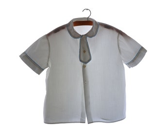 1950/60 White cotton blouse, Claudine collar, periwinkle blue contrast