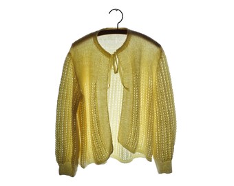 Vintage 1960 Cardigan laine jaune clair, manches longues Tricoté main